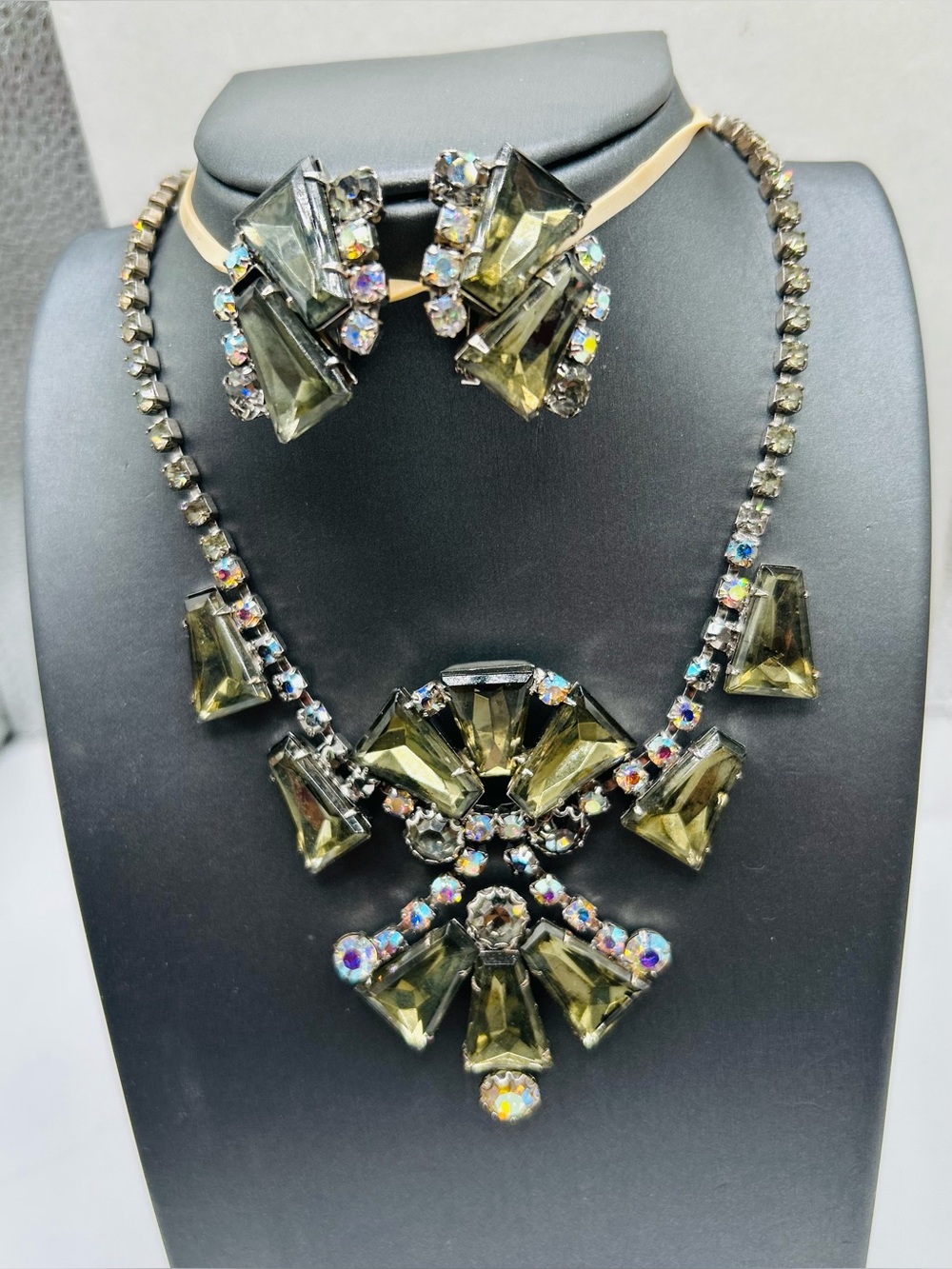 Vintage Black Diamond Keystone and AB Rhinestone Necklace Earrings Set